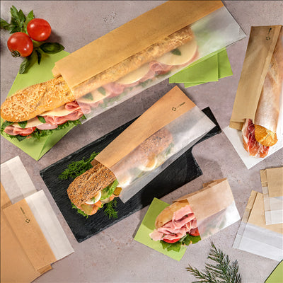 SACHETS POUR SANDWICHES AVEC FENÊTRE ECO 'CORNER WINDOW' 40 G/M2 9+5,5x26 CM NATUREL PARCH.INGRAISSABLE (250 UNITÉS)
