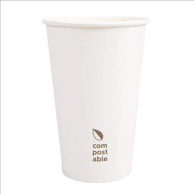 GOBELETS BOISSONS FROIDES ET CHAUDES 1 PAROI 'COMPOSTABLE' 480 ML - 16 oz 300 G/M2 Ø9/6x13,2 CM BLANC CARTON (1000 UNITÉS)