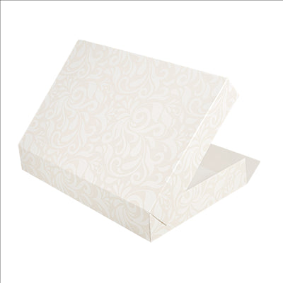 BOÎTES CATERING, PLATE 'THEPACK DAMASCO' 310 G/M2 28x42x6 CM BLANC CARTON ONDULÉ NANO-MICRO (100 UNITÉS)