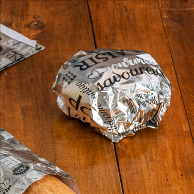 PAPIER INGRAISSABLE FAST FOOD 'PAROLE' 35+20 G/M2 28x34 CM ARGENTE PARCHEMIN + ALUMINIUM (1000 UNITÉS)