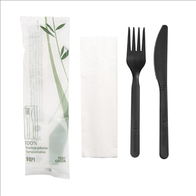 SET 3/1 FOURCHETTE, COUTEAU, SERVIETTE 18 CM NOIR CPLA (500 UNITÉS)