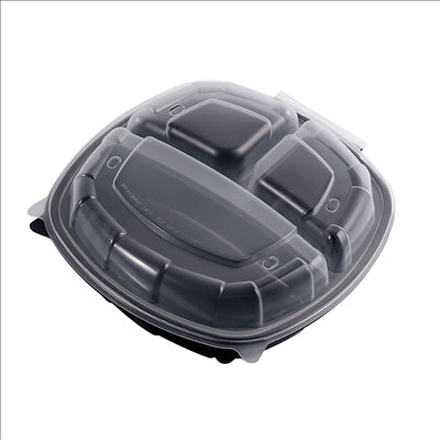 RÉCIPIENTS AVEC COUVERCLE CHARNIÈRE 3 COMPARTIMENTS MICRO-ONDABLES 1350 ML 24,9x25,8x7,2 CM NOIR PP (100 UNITÉS)