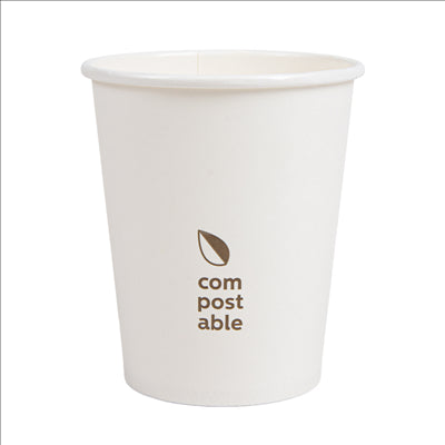 GOBELETS BOISSONS FROIDES ET CHAUDES 1 PAROI 'COMPOSTABLE' 240 ML - 8 oz 280 G/M2 Ø8/5,6x9,2 CM BLANC CARTON (1000 UNITÉS)