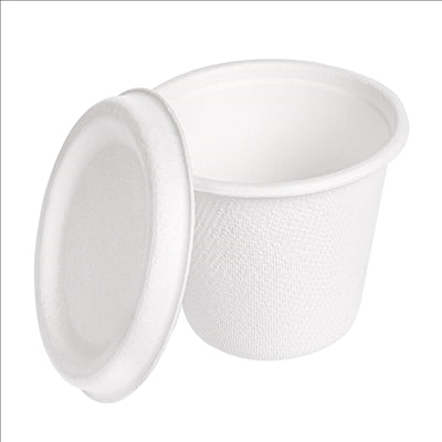 MINI POTS + COUVERCLES 'BIONIC' 90 ML Ø 6,2x5,2+0,7 CM BLANC BAGASSE (1000 UNITÉS)