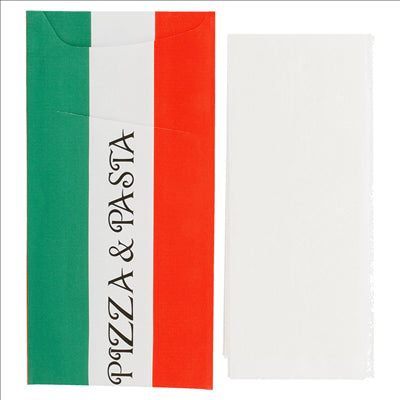 SACS COUVERTS + SERVIETTE 'JUST IN TIME - PIZZA & PASTA' 90 + 10PE G/M2 11,2x22,5 CM BLANC CELLULOSE (400 UNITÉS)