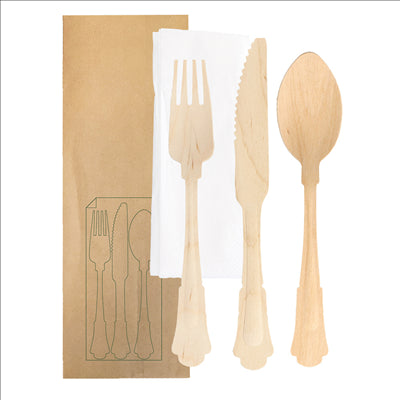 SET 4/1 FOURCHETTE, COUTEAU, CUILLÈRE, SERVIETTE 'CLASSIC' 20 CM NATUREL BOIS (100 UNITÉS)