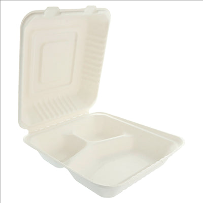 COQUILLES "M" 3 COMPART. 'BIONIC' 20x20x7,5 CM BLANC BAGASSE (200 UNITÉS)