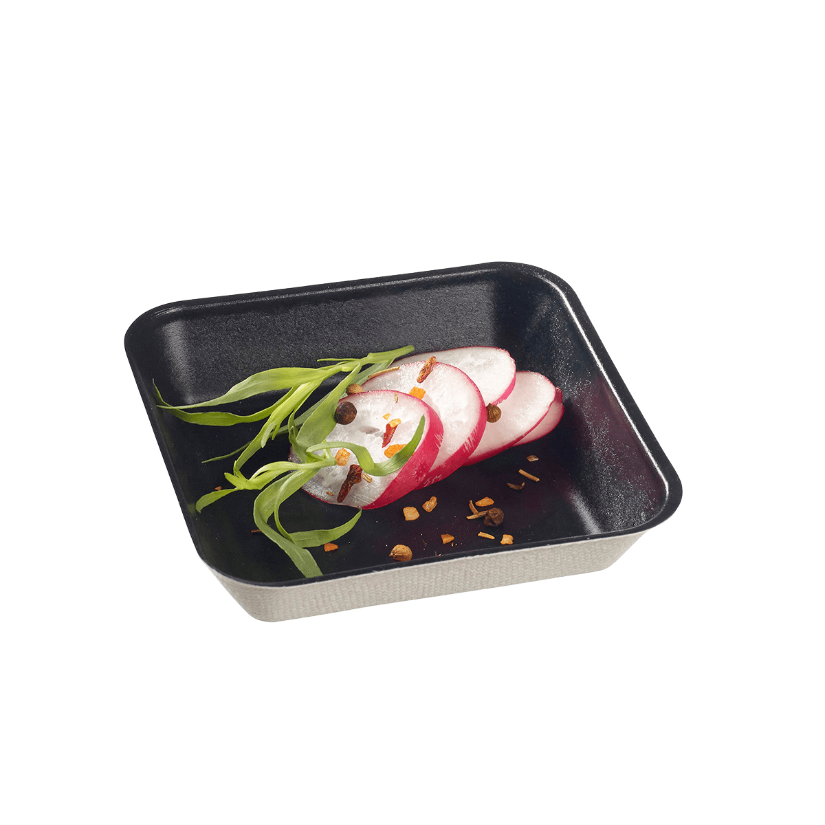 Assiette Kanopée pulpe de canne avec lamination noire 100x100 mm | 200 Unité(s)