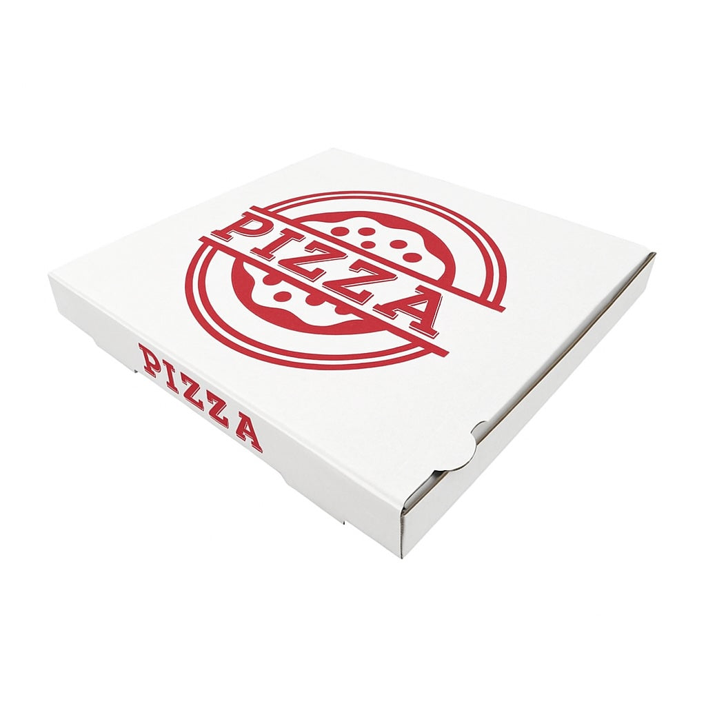 Boîtes pizza 33x33x3,5 cm blanches + rouge carton ondulé microcannelure | 100 UNITÉS