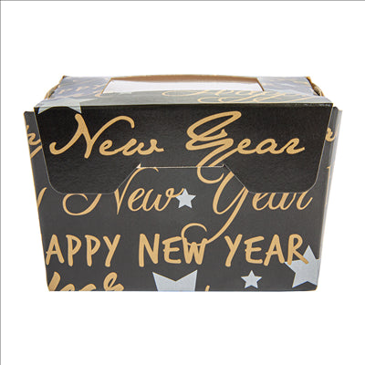 PETITES BOÎTES AVEC FENÊTRE 'HAPPY NEW YEAR' 300 ML 300 G/M2 8x7,5x5,5 CM NOIR CARTON (600 UNITÉS)