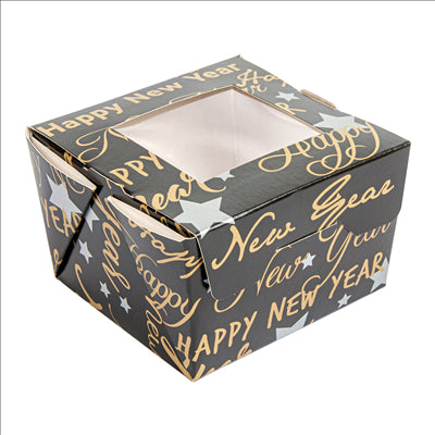 PETITES BOÎTES AVEC FENÊTRE 'HAPPY NEW YEAR' 300 ML 300 G/M2 8x7,5x5,5 CM NOIR CARTON (600 UNITÉS)
