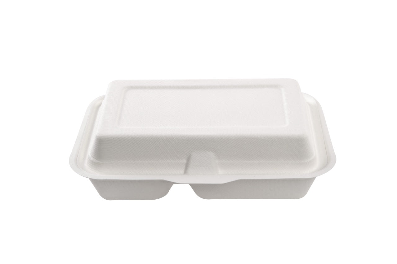 Boîte repas blanche à 2 compartiments en canne à sucre 1000 ml - 500 unités