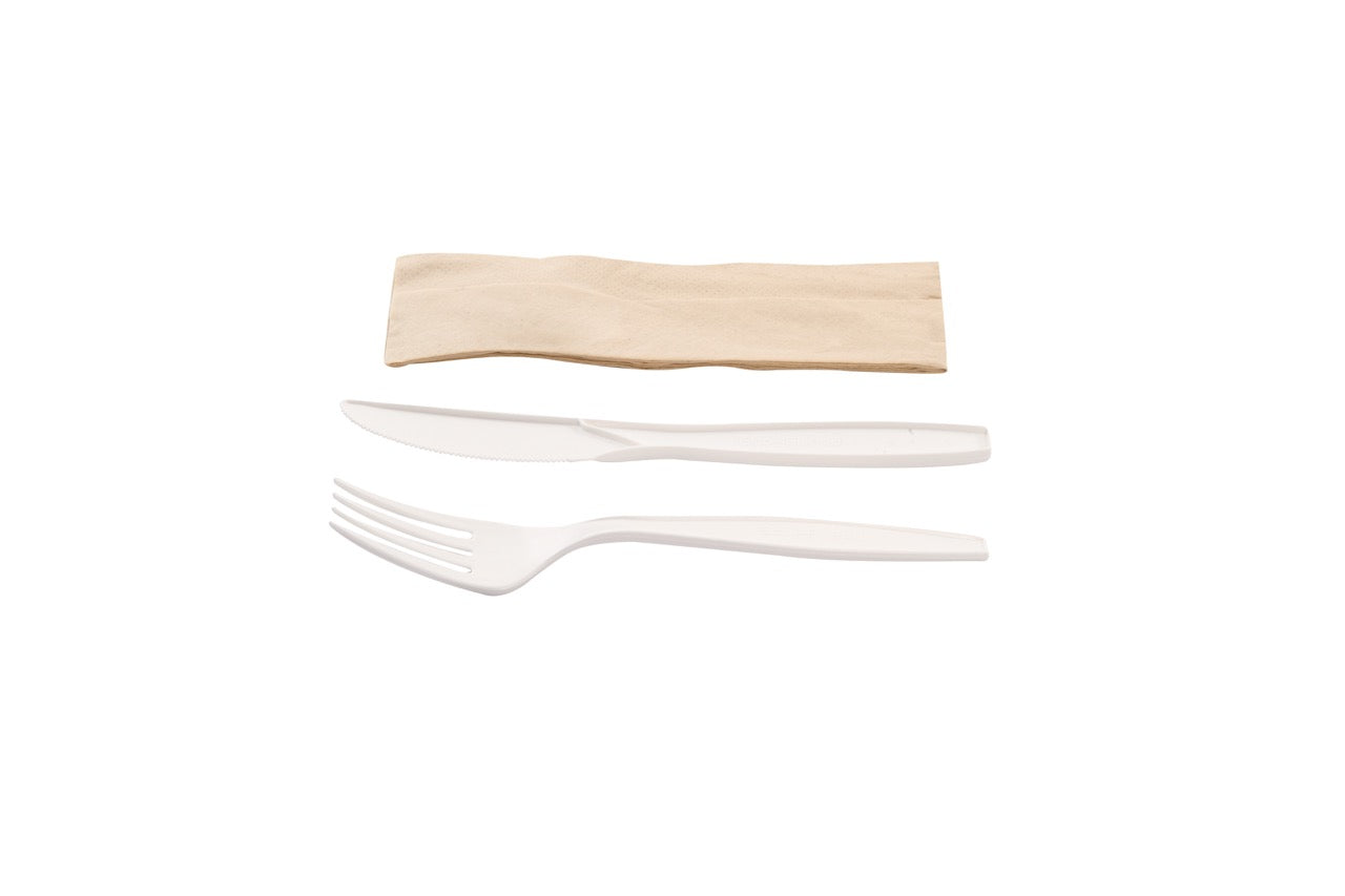Kit couverts blanc 3 en 1 en maïs : couteau + fourchette + serviette kraft - 500 unités