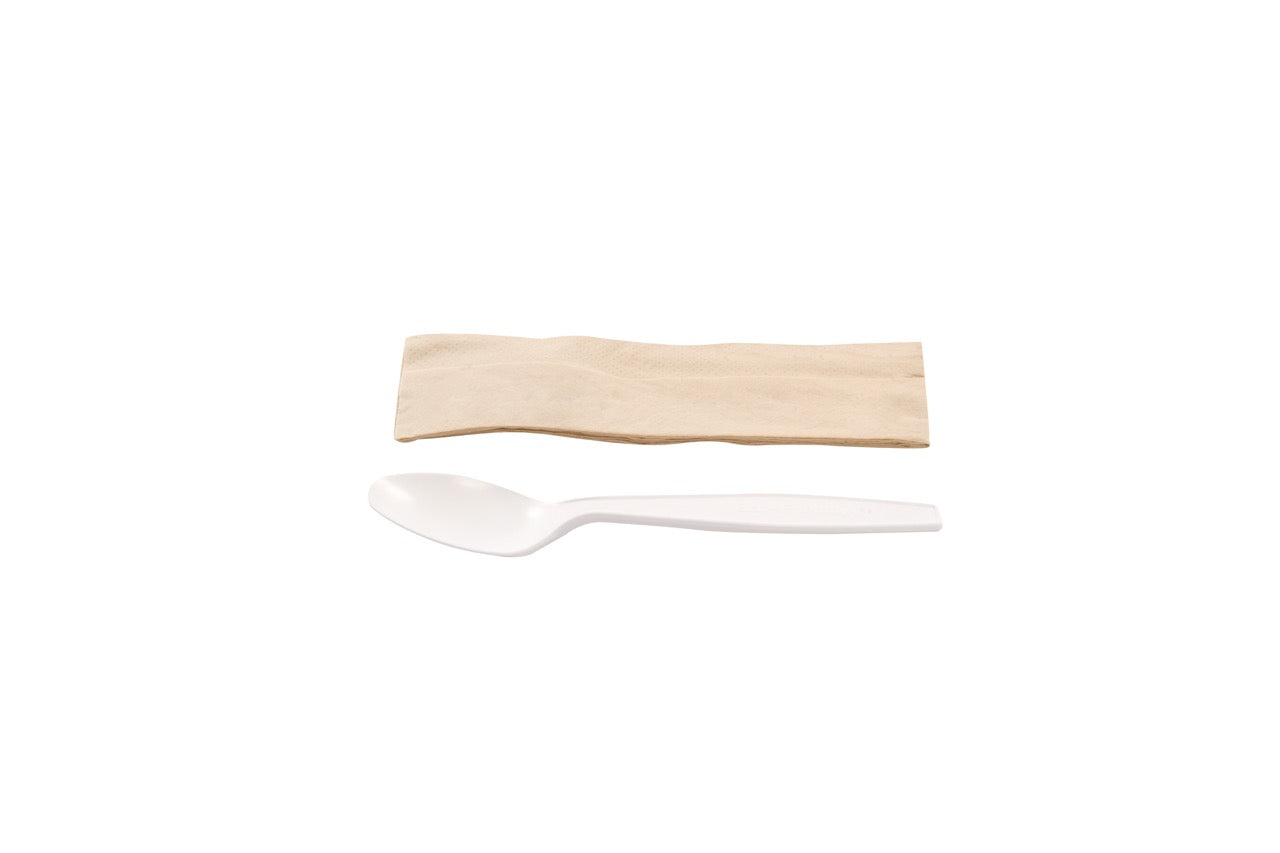 Kit couverts blanc 2 en 1 en maïs : cuillère + serviette kraft - 500 unités