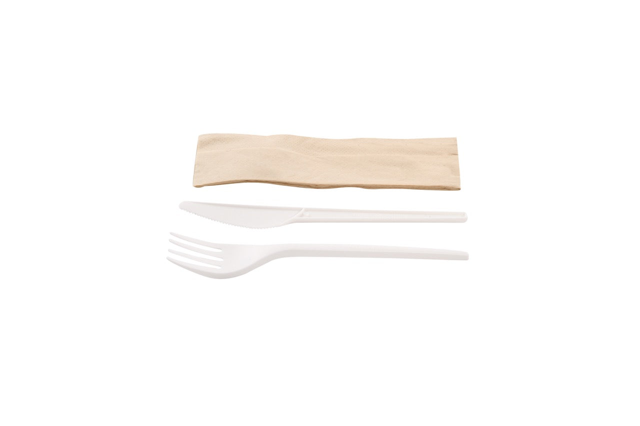 Kit couverts blanc 3 en 1 CPLA : couteau + fourchette + serviette kraft - 500 unités