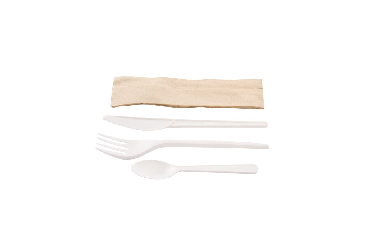 Kit couverts blanc 4 en 1 CPLA : couteau + fourchette + petite cuillère + serviette kraft - 500 unités