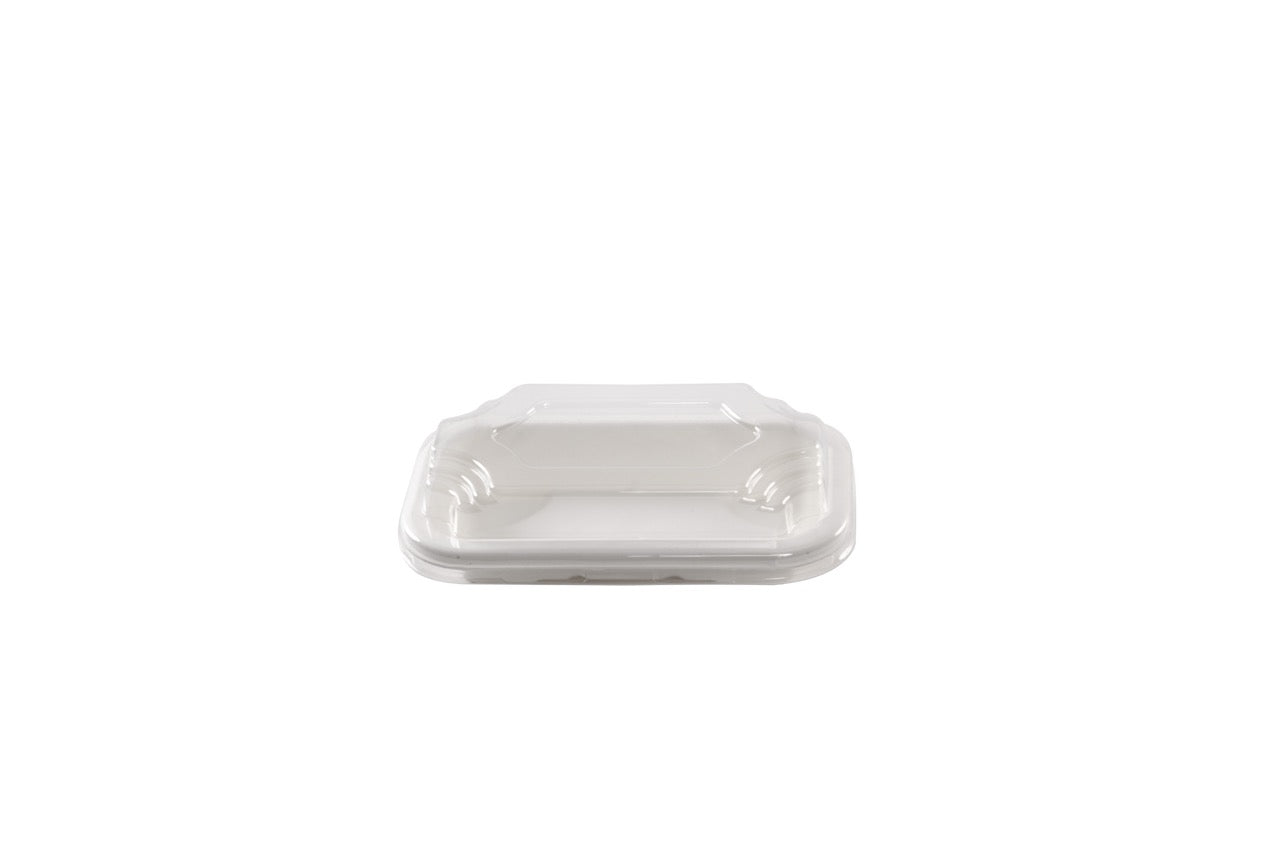 Barquette Sushi crème en canne à sucre + couvercle antibuée en PET 14 x 8 cm - 250 unités