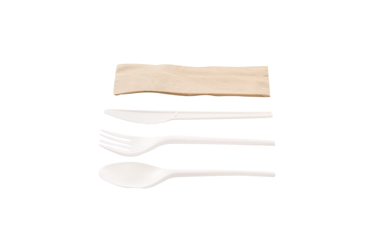 Kit couverts blanc 4 en 1 CPLA : couteau + fourchette + cuillère + serviette kraft - 500 unités