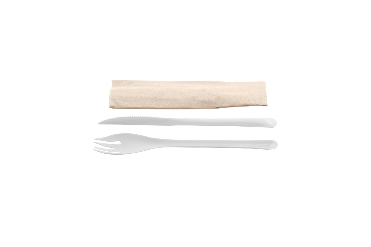 EKO Kit couvert blanc 4 en 1 en CPLA : couteau + fourchette + cuillère + serviette kraft - 500 unités