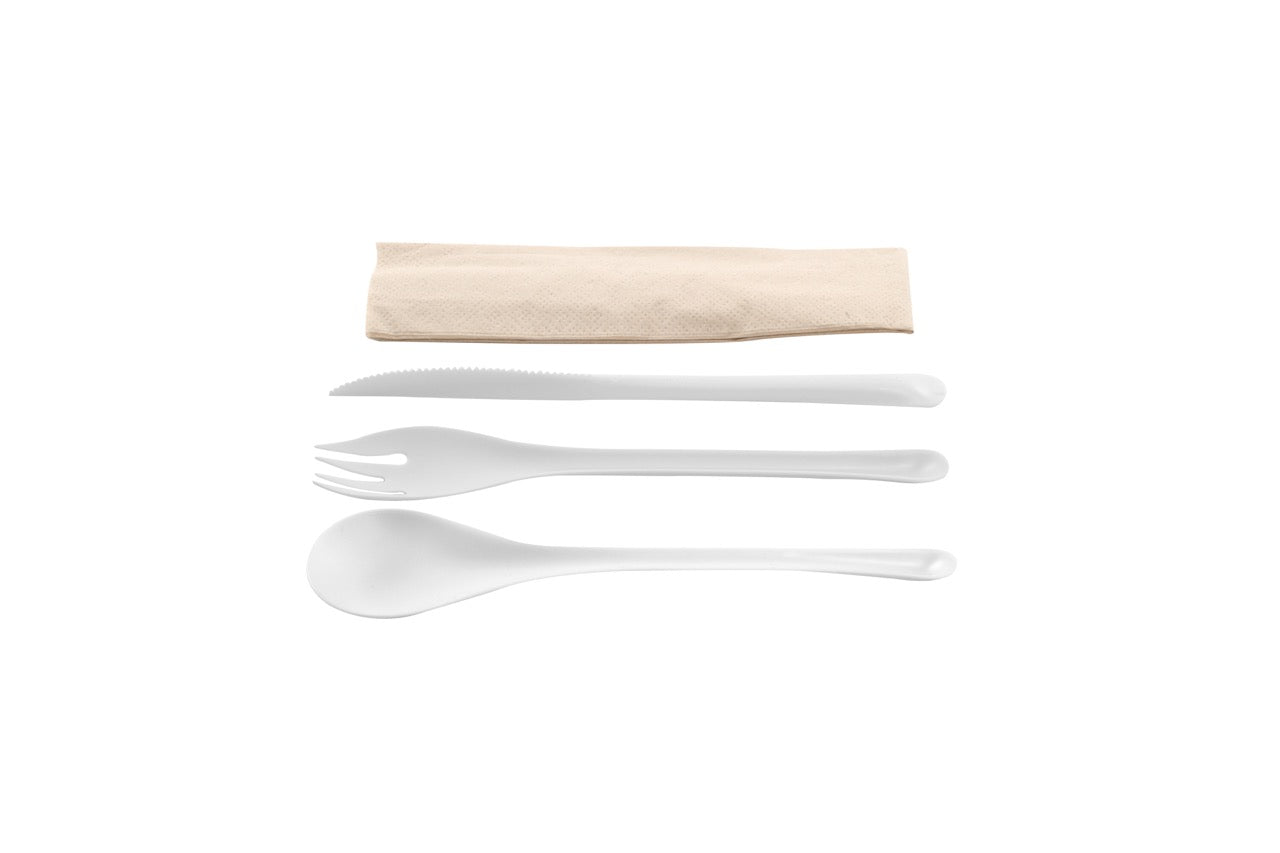 EKO Kit couvert blanc 3 en 1 en CPLA : couteau + fourchette + serviette kraft - 500 unités