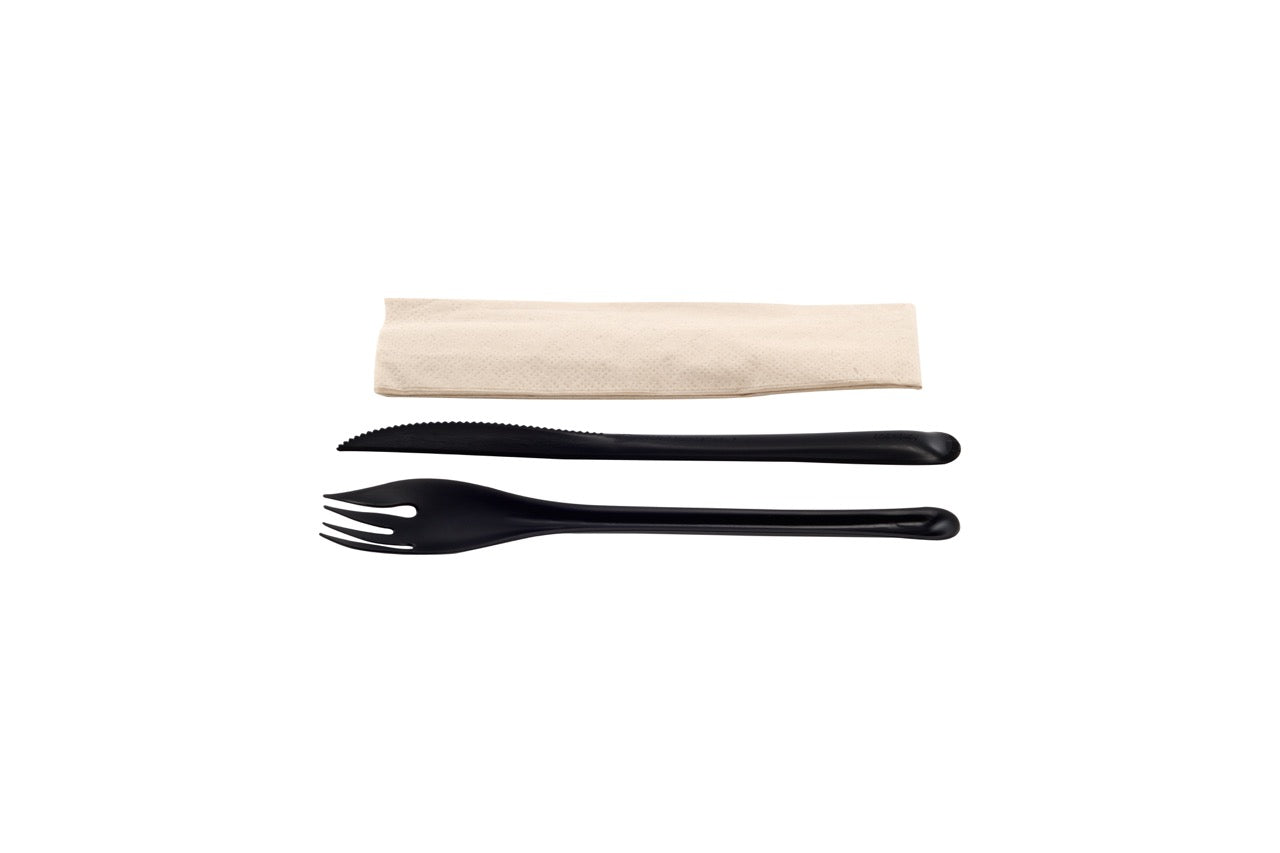 EKO Kit couvert noir 3 en 1 en CPLA : couteau + fourchette + serviette kraft - 500 unités