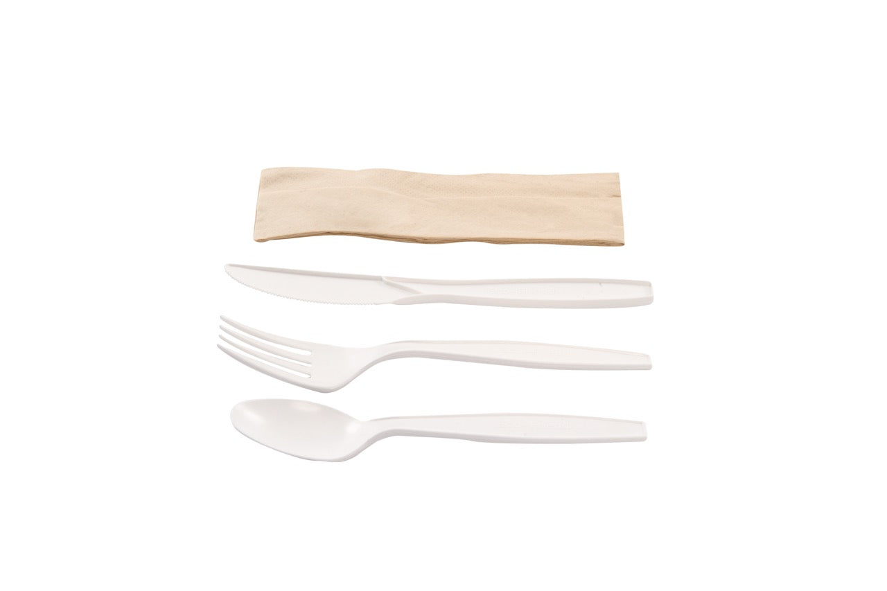 Kit couverts blanc 4 en 1 en maïs : couteau + fourchette + cuillère + serviette kraft - 500 unités
