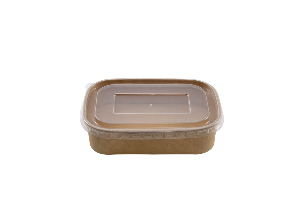 Barquette rectangulaire en carton kraft + couvercle en PP 500 ml - 150 unités