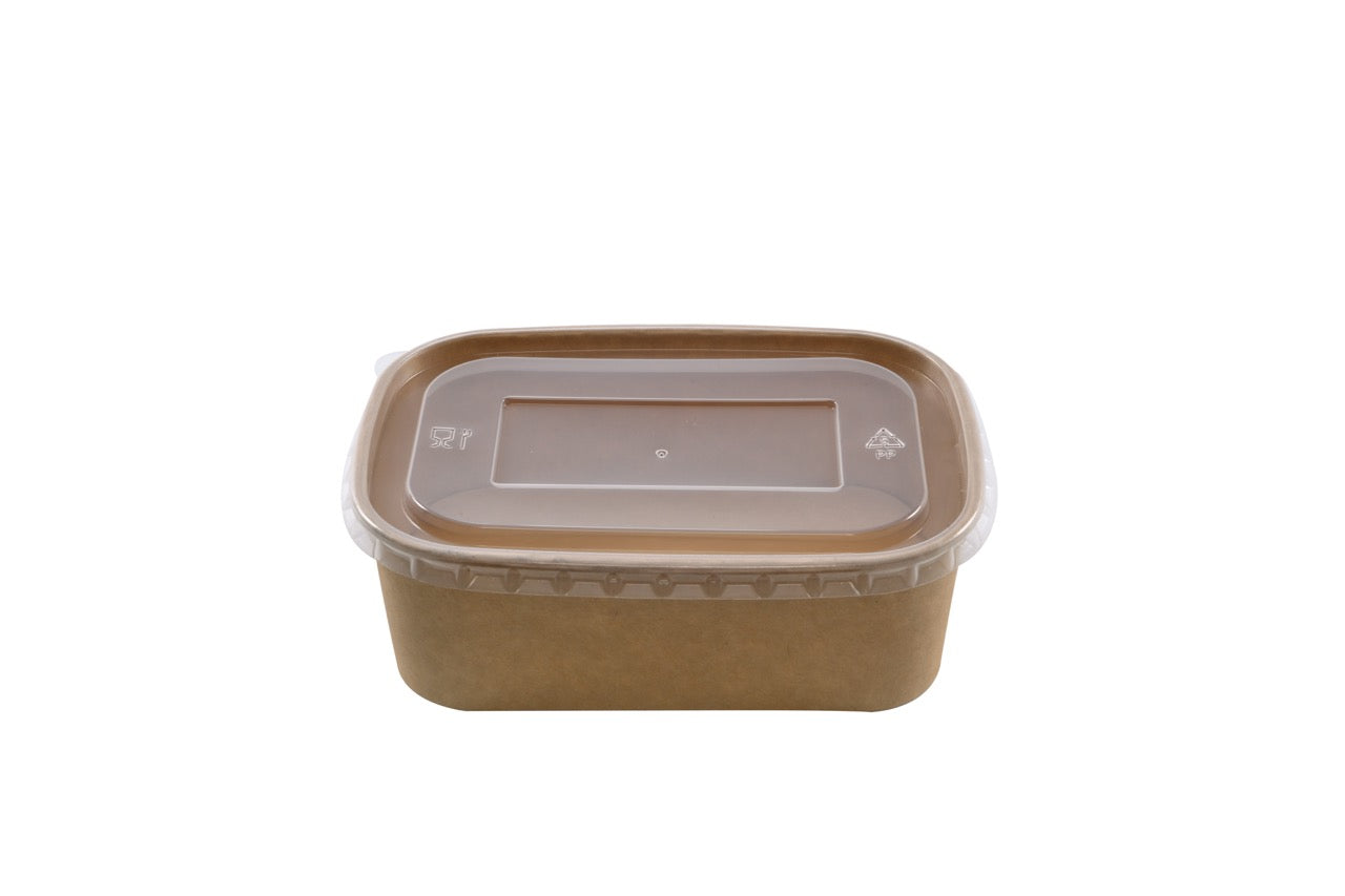Barquette rectangulaire en carton kraft + couvercle en PP 750 ml - 150 unités