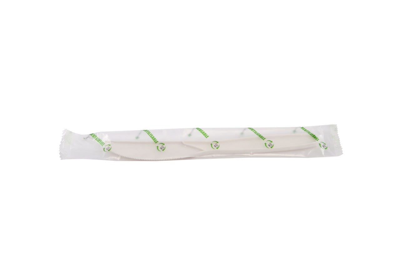 Couteau blanc en maïs emballé individuellement 18 cm - 500 unités