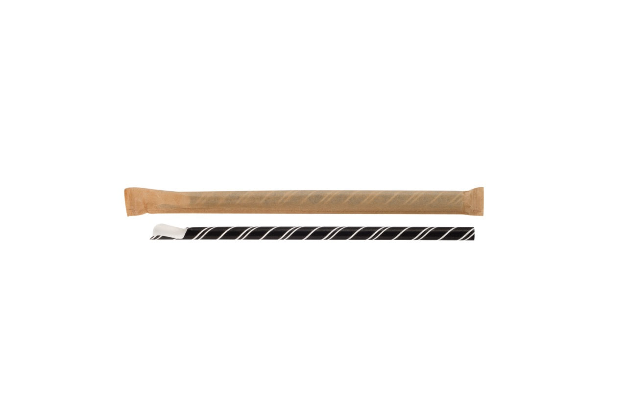 Paille-cuillère en papier noire et blanche 3 couches emballée individuellement Ø 0,8 x 20 cm - 6000 unités