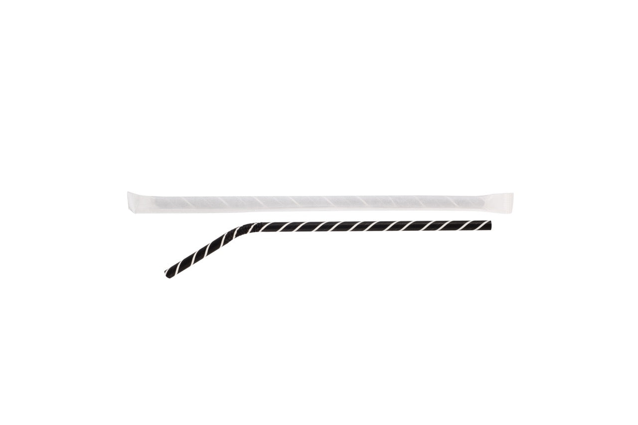Paille en papier flexible noire et blanche 3 couches emballée individuellement Ø 0,6 x 21 cm - 6000 unités