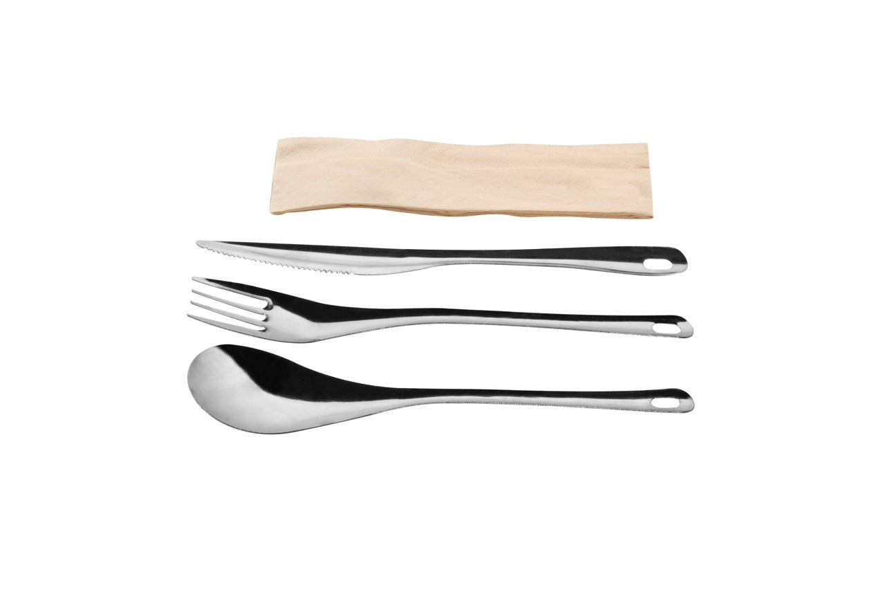 Kit couverts 4 en 1 inox 18/0 de 0,5 mm : couteau + fourchette + cuillère + serviette kraft - 240 unités