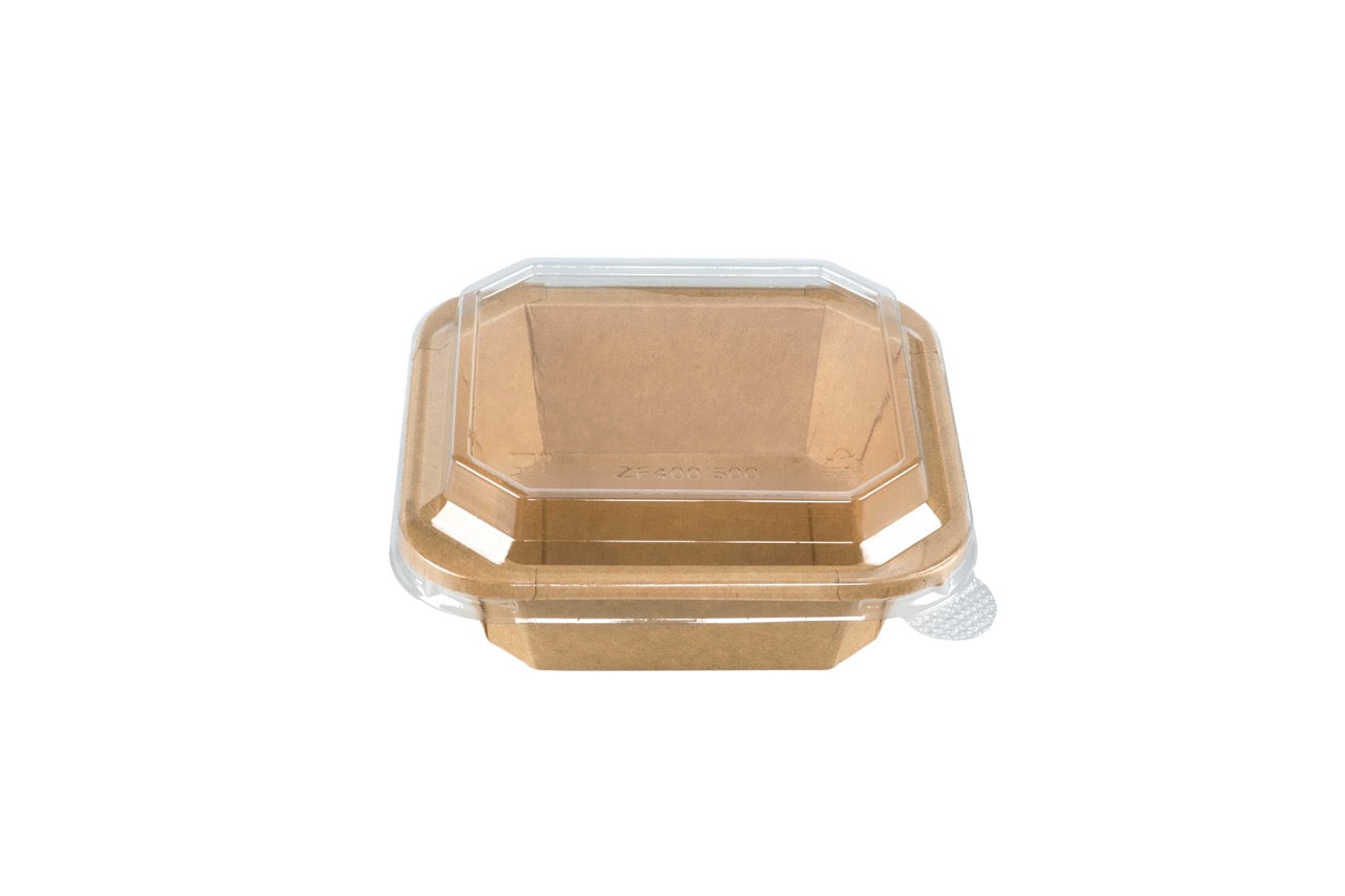 Saladier octogonal en carton kraft + couvercle en PET 500ml - 300 unités
