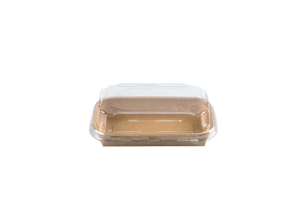 Barquette sushi en carton kraft + couvercle antibuée en PET 13,5 x 8 cm - 300 unités