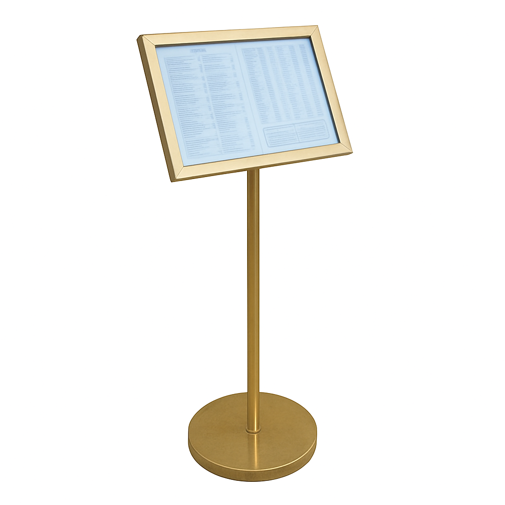 PORTE MENUS DIN-A3 AVEC PIED INCORPORÉ  Ø 35x115 CM DORE METAL (1 UNITÉ)