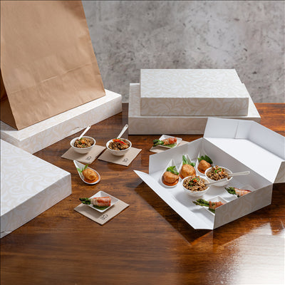 BOÎTES CATERING, PLATE 'THEPACK DAMASCO' 310 G/M2 28x42x6 CM BLANC CARTON ONDULÉ NANO-MICRO (100 UNITÉS)