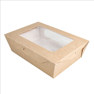 BOÎTES AVEC FENÊTRE POUR SALADE 1200 ML - 40 oz 391 G/M2 + PE 20,4x14,2x6 CM MARRON CARTON (200 UNITÉS)