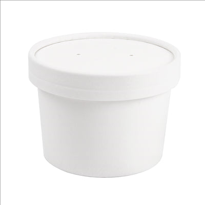 RÉCIPIENTS + COUVERCLES 240 ML - 8 oz 300 + 18 PE G/M2 Ø9/7,5x6 CM BLANC CARTON (250 UNITÉS)