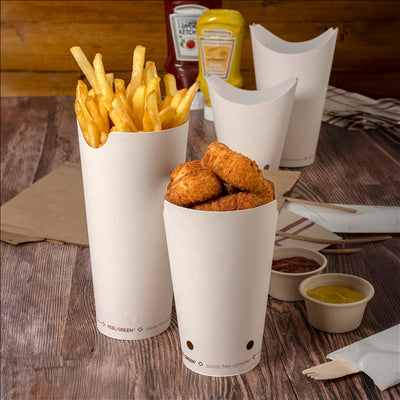 GOBELETS À FRITES AVEC FERMETURE 'COMPOSTABLE' 22 OZ - 660 ML 242 G/M2 8,5x18 CM BLANC CARTON (1000 UNITÉS)