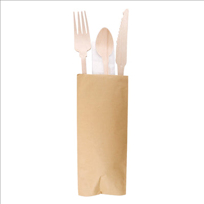 SET 4/1 FOURCHETTE, COUTEAU, SERVIETTE, CUILLÈRE CAFÉ 'CLASSIC'  20 CM NATUREL BOIS (100 UNITÉS)