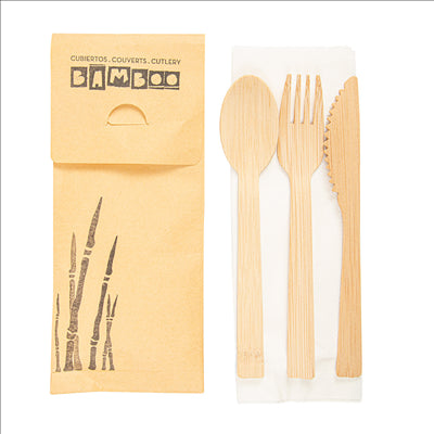 SET 4/1 FOURCHETTE, COUTEAU, CUILLÈRE, SERVIETTE  17 CM NATUREL BAMBOU (50 UNITÉS)