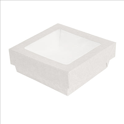 PETITES BOÎTES+COUVERCLES AVEC FÊNETRE 350 ML - 11,6 oz 300 + 15 PE G/M2 10x10x4 CM BLANC CARTON (250 UNITÉS)