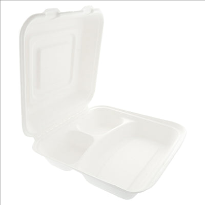 COQUILLES "L" 3 COMPART. 'BIONIC'  25x25x7,5 CM BLANC BAGASSE (250 UNITÉS)