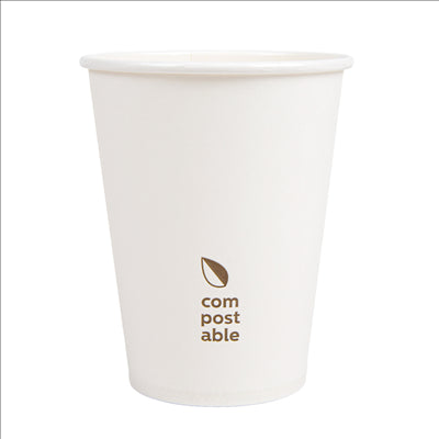 GOBELETS BOISSONS FROIDES ET CHAUDES 1 PAROI 'COMPOSTABLE' 360 ML - 12 oz 300 G/M2 Ø9/6x11 CM BLANC CARTON (1000 UNITÉS)