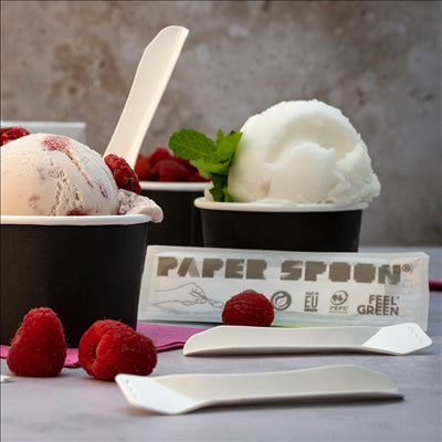 PETITES CUILLÈRES POUR GLACES EN SACHET 'PAPER SPOON' 590 G/M2 9,4 CM BLANC CARTON (400 UNITÉS)