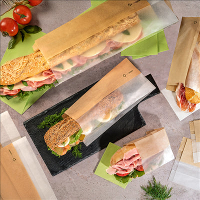 SACHETS POUR SANDWICHES AVEC FENÊTRE ECO 'CORNER WINDOW' 40 G/M2 9+5,5x38 CM NATUREL PARCH.INGRAISSABLE (250 UNITÉS)