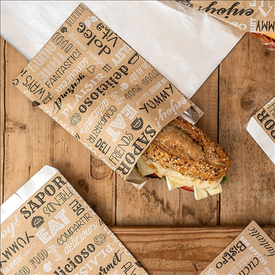 SACHETS INGRAISSABLES POUR BURGER 'PAROLE' 40+20 G/M2 14+7x22 CM MARRON KRAFT + ALUMINIUM (500 UNITÉS)