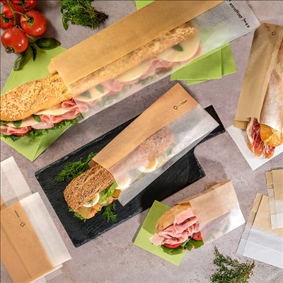 SACHETS POUR SANDWICHES AVEC FENÊTRE ECO 'CORNER WINDOW' 40 G/M2 14+8x38 CM NATUREL PARCH.INGRAISSABLE (250 UNITÉS)