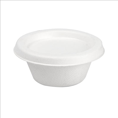 MINI POTS + COUVERCLES 'BIONIC' 60 ML Ø 6,9x3+0,7 CM BLANC BAGASSE (1000 UNITÉS)