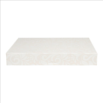 BOÎTES CATERING, PLATE 'THEPACK DAMASCO' 310 G/M2 28x42x6 CM BLANC CARTON ONDULÉ NANO-MICRO (100 UNITÉS)